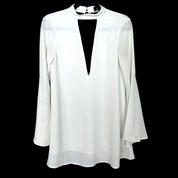 Lulus White Bell Sleeve Chiffon Blouse Double Deep V Keyhole Choker Micro Mini - Picture 1 of 3
